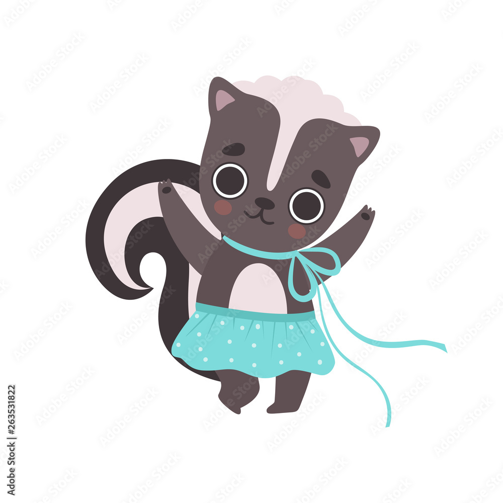 Cute Little Skunk Girl in Blue Skirt, Adorable Baby Animal Cartoon Character Vector Illustration Cute Little Skunk Girl in Blue Skirt, Adorable Baby Animal Cartoon Character Vector Illustration
