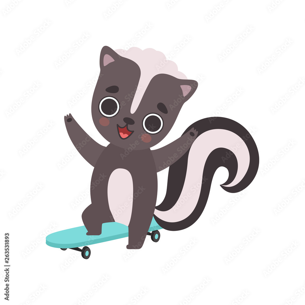Cute Little Skunk Skateboarder, Adorable Baby Animal Cartoon Character Vector Illustration