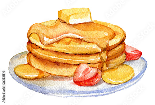 Pancakes with honey butter and strawberry isolated on white background, watercolor illustration