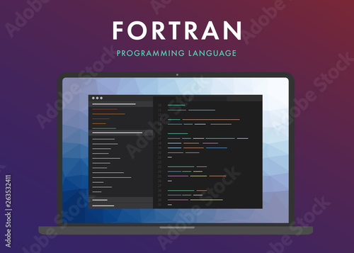 Fortran programming language. Learning concept on the laptop screen code programming. Command line interface with flat design and gradient purple background. photo