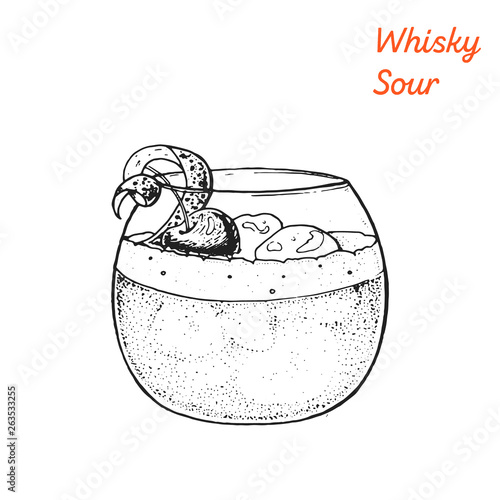 Whiskey sour cocktail illustration. Alcoholic cocktails hand drawn vector illustration. Sketch style.