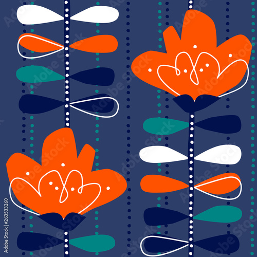 Cute seamless pattern with hand drawn ornament in scandinavian style. Floral background with flower, vector illustration for print, design, fabric.