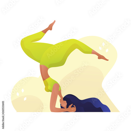 Young yogi woman practicing yoga concept, standing in downward facing pose and wearing sportswear bra and pants. Vector illustration