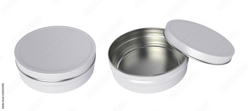 Metal jar open and closed, isolated on white background, 3D rendering Metal jar open and closed, isolated on white background, 3D rendering