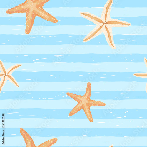 Seamless pattern with hand-drawn sailor stripes and starfish. Blue and white striped background. Doodle style marine theme.