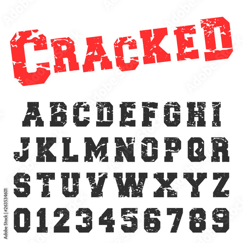 Alphabet font template. Vintage letters and numbers cracked stamp design