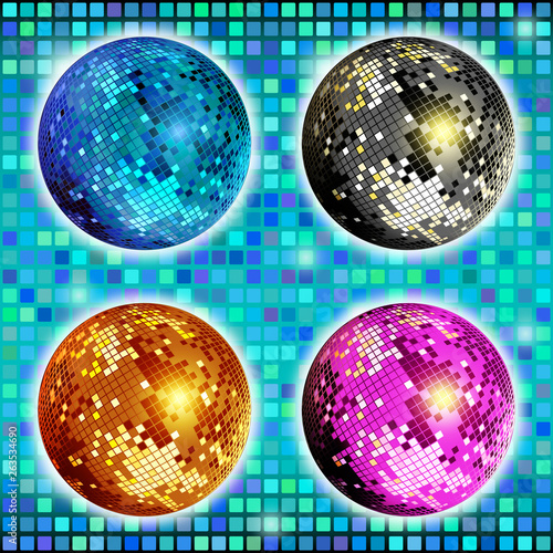 Blue, gold, silver and pink disco ball. Set of colorful disco mirror ball isolated, design for party flyer, cover brochures or poster.