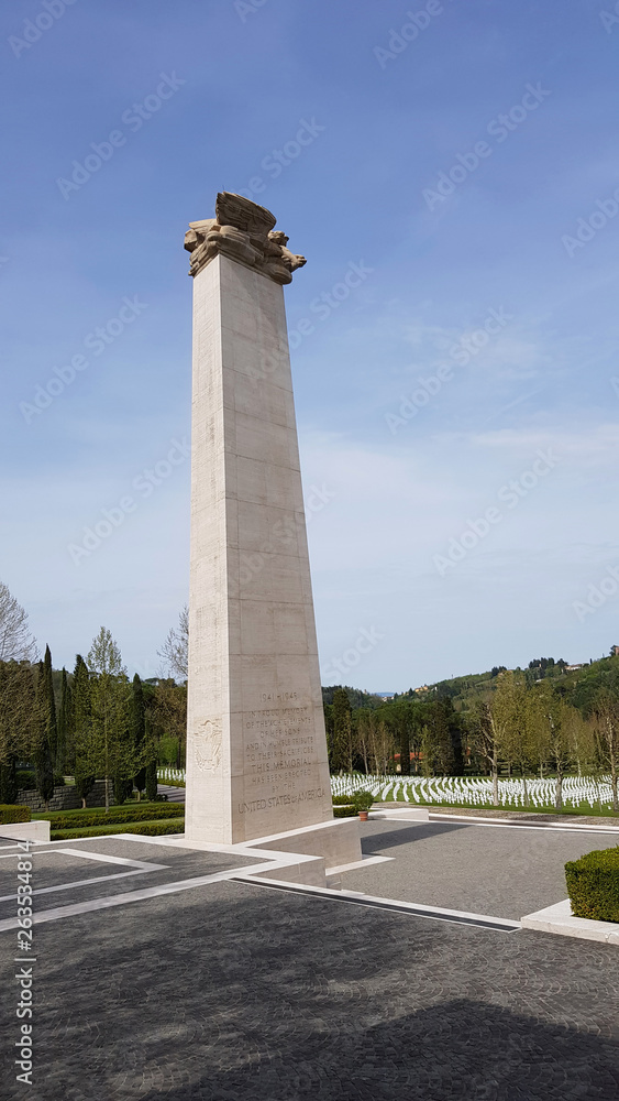 Memorial obelisk to American soldiers who died during World War II in the Florence American Cemetery and Memorial, Florence, Tuscany, Italy