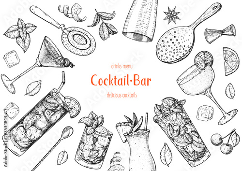 Alcoholic cocktails hand drawn vector illustration. Cocktails sketch set. Engraved style. Bar menu sketch elements. Vintage bar design.