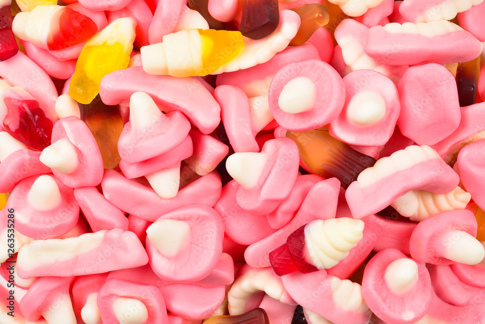 Assorted gummy candies. Top view. Jelly sweets. Assorted gummy candies. Top view. Jelly sweets.