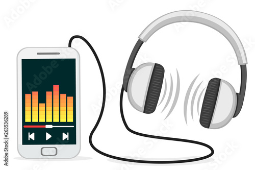 Mobile phone with headphones on a white. Music plays on the equalizer.