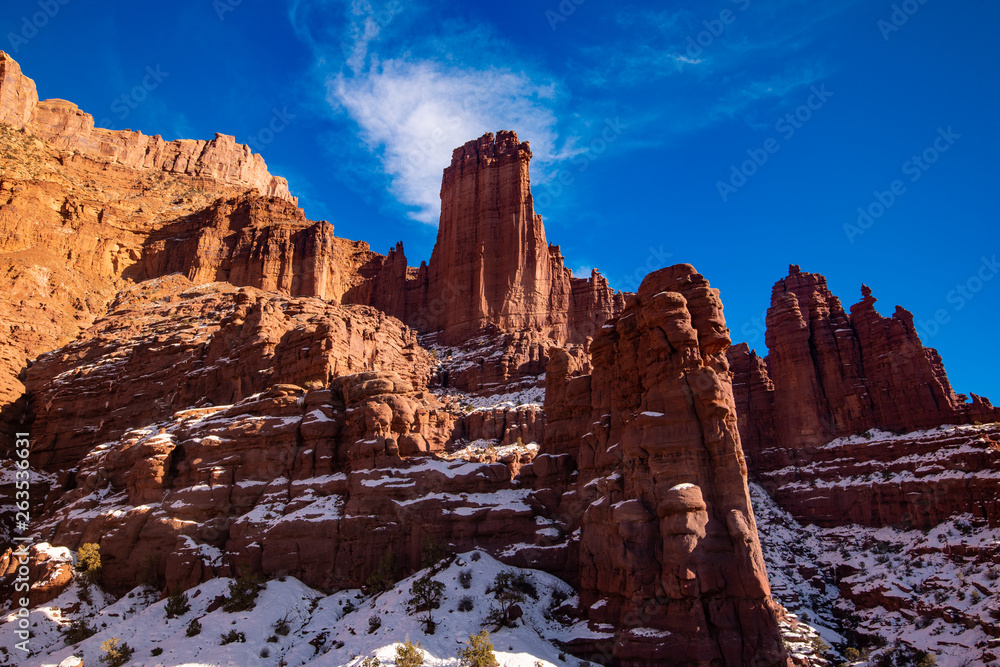 Fisher Towers trail in Utah home of the canyon country most bizarre landscapes. A maze of soaring pinnacles, fins, spires, and rock formations east of Moab visited by hikers, adventurers and tourist