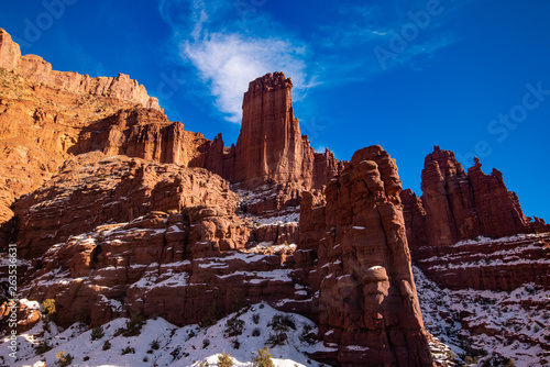 Fisher Towers trail in Utah home of the canyon country most bizarre landscapes. A maze of soaring pinnacles, fins, spires, and rock formations east of Moab visited by hikers, adventurers and tourist