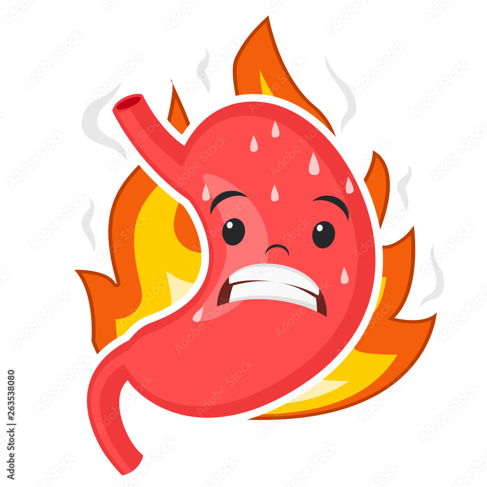 Stomach grimaces from the pain of heartburn, on a white. Character Stomach grimaces from the pain of heartburn, on a white. Character