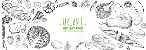 Healthy food vector illustration. Hand drawn sketch. Organic products set. Farm market food collection.