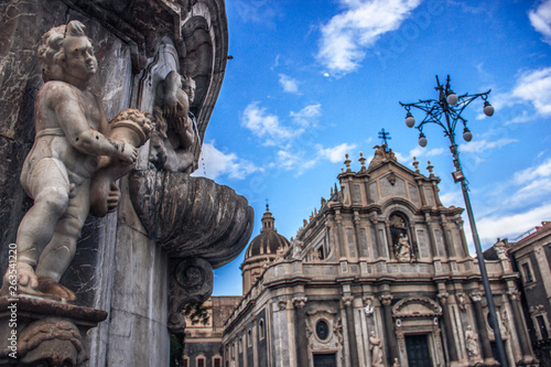 Catania cathedral view from historical fountain, old baroque architecture and art Catania