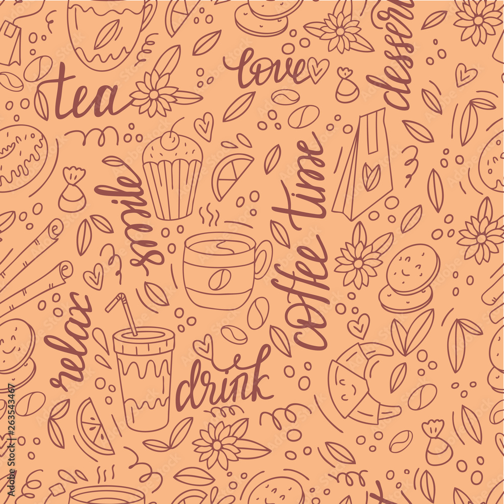 Cafe pattern with doodle coffee, tea, cups and desserts. Vector illustration.