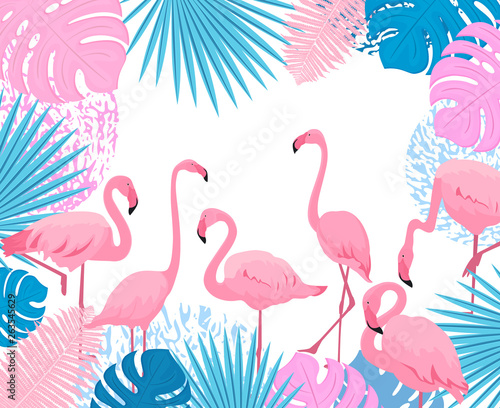 Pink flamingo. Trendy tropical design. Leaves of palm, monstera, fern.