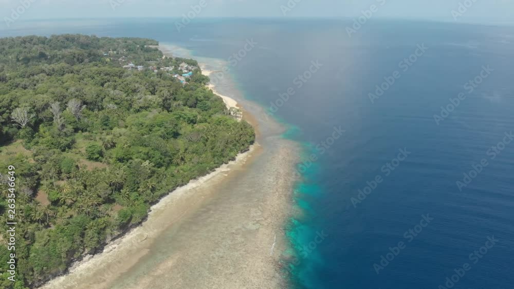 Aerial: flying over tropical Ai island white sand beach Banda Islands Maluku Indonesia lush green forest turquoise water coral reef sunset sky. Native cinelike D-log color profile Aerial: flying over tropical Ai island white sand beach Banda Islands Maluku Indonesia lush green forest turquoise water coral reef sunset sky. Native cinelike D-log color profile
