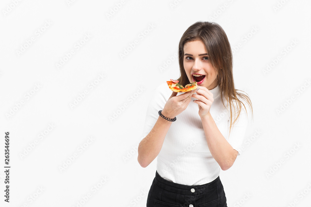 People and fast food concept! Girl eatind slice of pizza Margarita! Copy space! People and fast food concept! Girl eatind slice of pizza Margarita! Copy space!