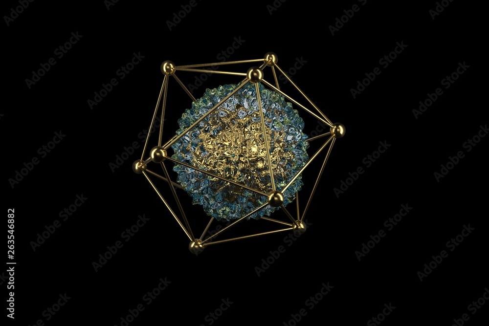 3D abstract spheres. Abstract luxury golden jewelry isolated on black. Shine golden element. 3D Rendering of geometric realistic looking mesh hedra object with liquid gold inside. 3D abstract spheres. Abstract luxury golden jewelry isolated on black. Shine golden element. 3D Rendering of geometric realistic looking mesh hedra object with liquid gold inside.