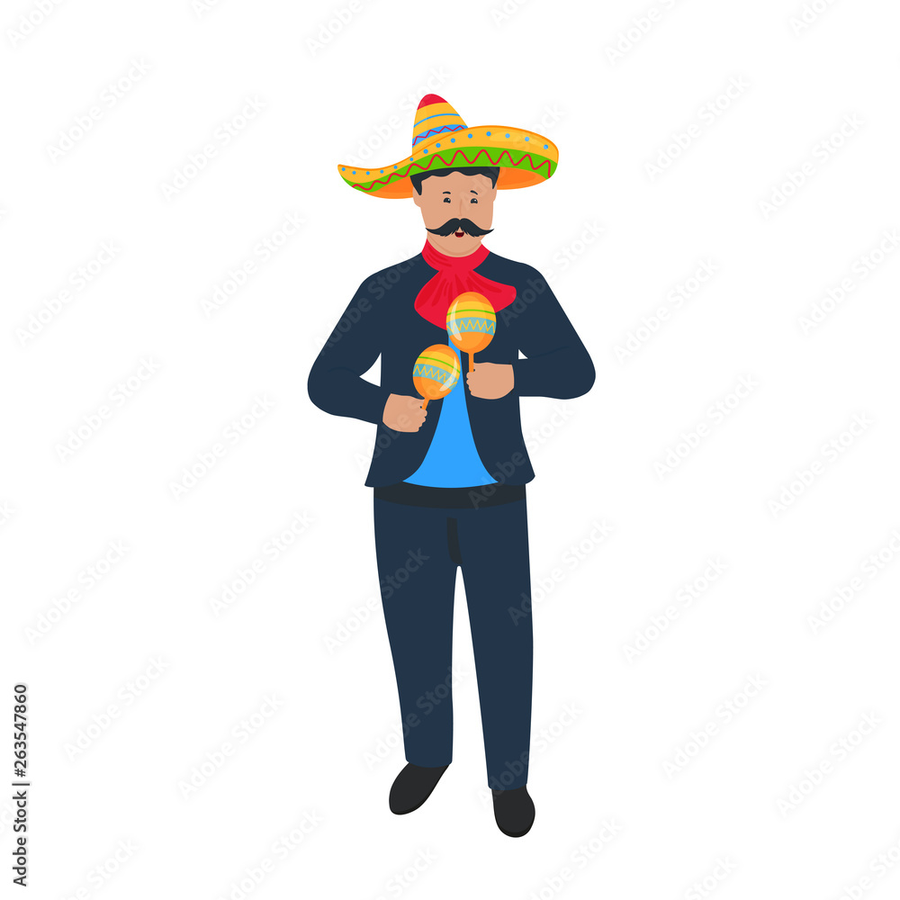 Cinco de Mayo. 5th of May. Mariachi. Mexican street musician in national costume playing on maracas. Traditional Mexican musical instrument.