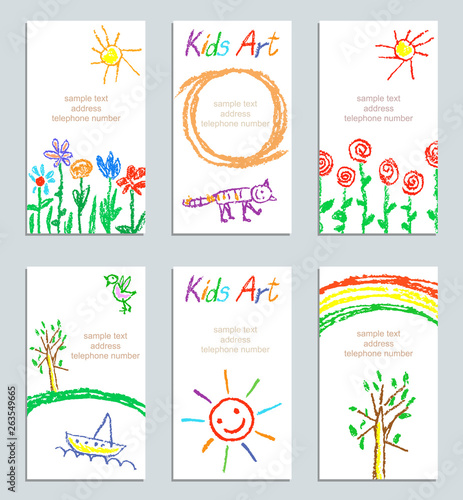Wallpaper Mural Set of wax crayon kid`s hand drawn colorful card copy space with flower, cat, sun, tree, rainbow, letters on white. Child`s artistic stroke pastel chalk or pencil art design element, vector background Torontodigital.ca