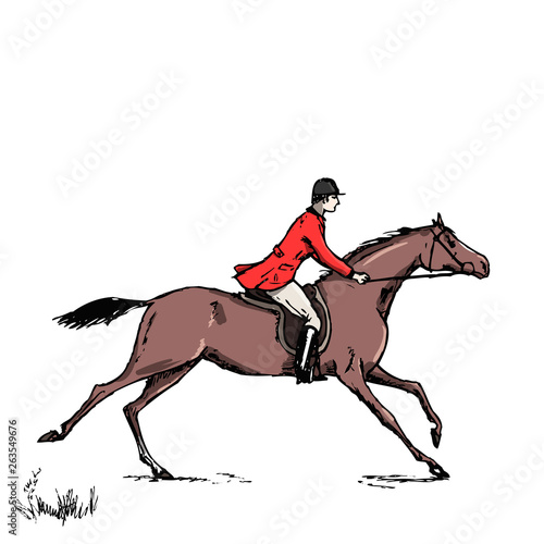 Equestrian sport fox hunting with galloping horse man rider english style on landscape. England steeplechase horseman tradition. Hand drawing vector vintage horseback art.