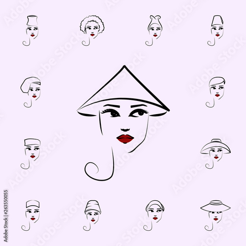 Coolie hat, girl icon. Hat, girl icons universal set for web and mobile