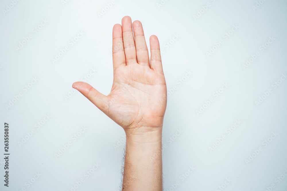 male adult hand showing stop gesture in studio shot isolated on white background male adult hand showing stop gesture in studio shot isolated on white background