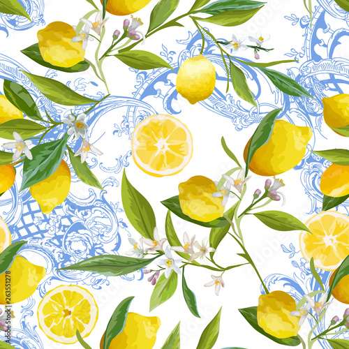 Seamless Pattern with vintage barocco design with yellow Lemon Fruits, Floral Background with Flowers, Leaves, Lemons for Wallpaper, Fabric, Print. Vector illustration