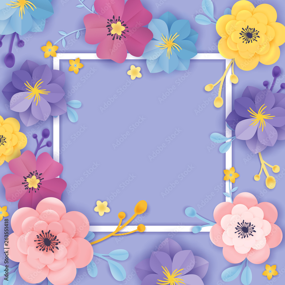Paper Cut Flowers Greeting Card Template. Floral Background Frame Origami Style. Botanical Spring Summer Design for Banner, Poster. Vector illustration