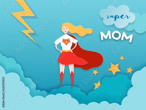 Mothers Day Greeting Card in Paper Cut Style. Super Mom Character in Red Cape Design for Mother Day Banner, Poster, Background. Vector illustration
