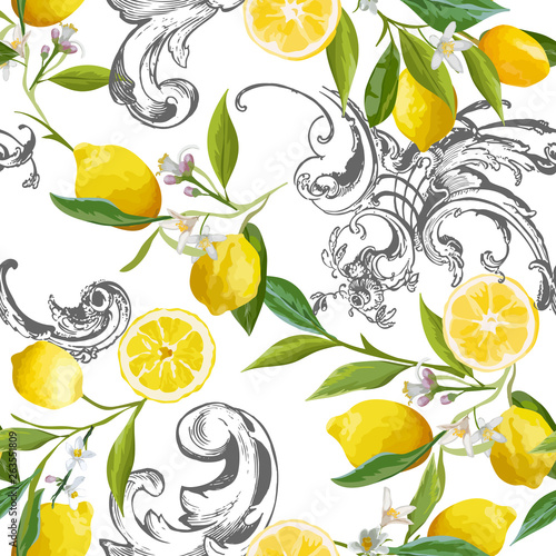 Fototapeta Naklejka Na Ścianę i Meble -  Seamless Pattern with vintage barocco design with yellow Lemon Fruits, Floral Background with Flowers, Leaves, Lemons for Wallpaper, Fabric, Print. Vector illustration