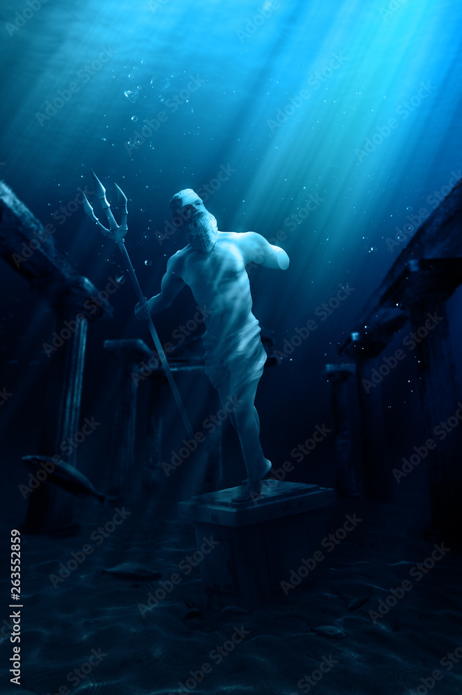 Plakat lost civilization of atlantis sunken deep in the ocean / 3D rendering