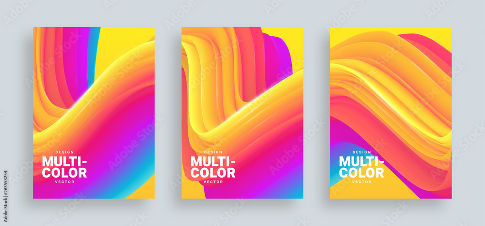 Abstract 3d vector covers set. Liquid texture, fluid gradient wave. Memphis background. Futuristic posters. Templates for banners, brochures, flyers, posters for parties and festivals. 4. Eps 10