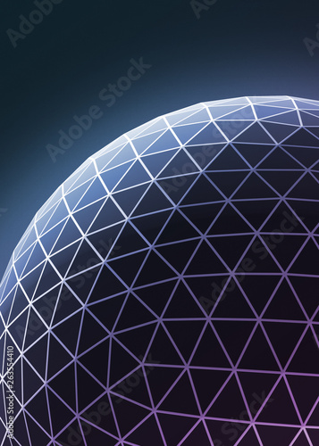 Contemporary techno blue purple stylish asymmetric construction, abstract dimensional object with connected lines and dots. Geosphere. a4 booklet cover design. 3d illustration.