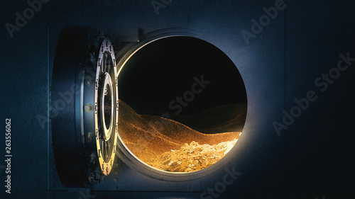 Open bank vault with a bright light, 3D illustration photo