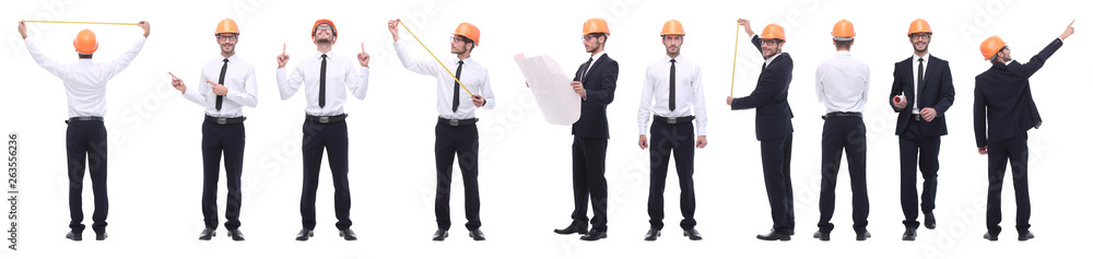 panoramic photo collage of confident architect isolated on white panoramic photo collage of confident architect isolated on white