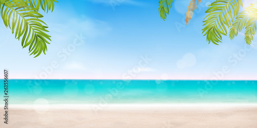 Hello summer vector banner design vacation concept. Poster Landscape Seashore Resort View with Beach, shiny ocean, sea water with bright sun, tropical Palm leaves. Summer vacation holiday, traveling.