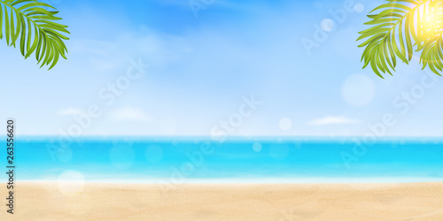 Hello summer vector banner design vacation concept. Poster Landscape Seashore Resort View with Beach, shiny ocean, sea water with bright sun, tropical Palm leaves. Summer vacation holiday, traveling.