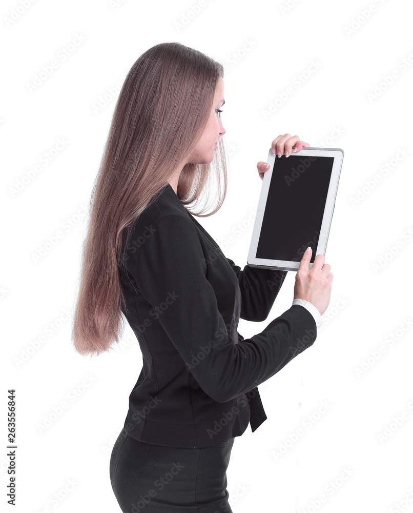 side view. successful business woman with digital tablet. side view. successful business woman with digital tablet.