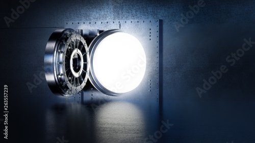 Open bank vault with a bright light, 3D illustration