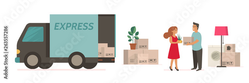 Family moving concept. Happy cartoon flat couple