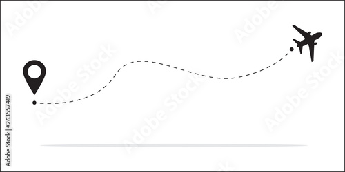 The concept of airplane travel with a map of pins, GPS points. Line path icon. The concept of the starting point of the flight or theme of the Aircraft and the map pointer symbols