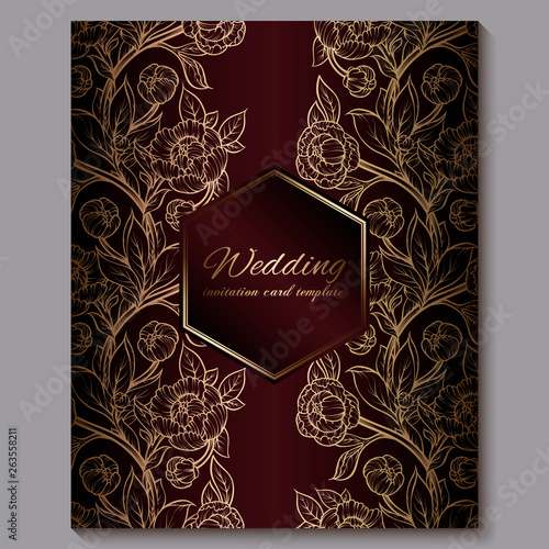 Exquisite red royal luxury wedding invitation, gold floral background with frame and place for text, lacy foliage made of roses or peonies with golden shiny gradient.