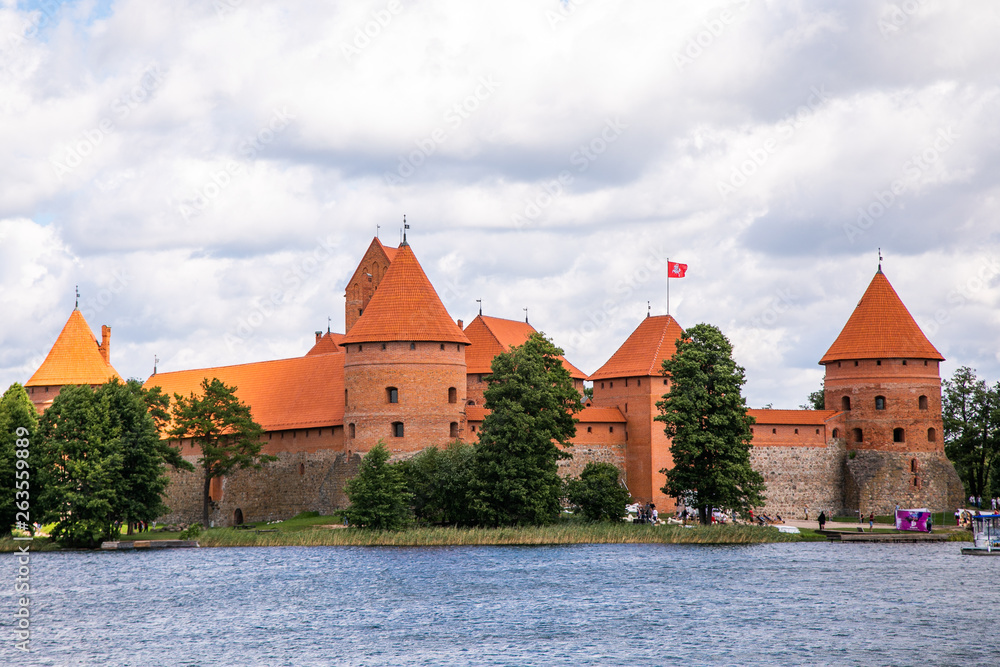 Trakai Island Castle in lake Galve in day, Lithuania. Trakai Castle is one of major tourist attractions of Lituania