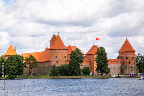 Trakai Island Castle in lake Galve in day  Lithuania. Trakai Castle is one of major tourist attractions of Lituania