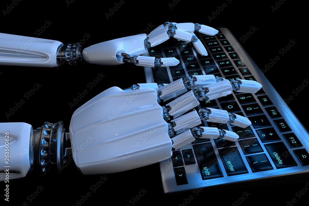 Ai learning concept Robot hands typing on keyboard, keypad. Robotic arm ...