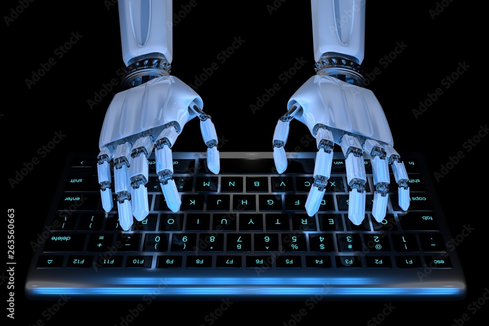 Ai robot typing on keypad. Robotic cyborg hand using keyboard computer. 3d render realistic illustration. view. Stock Illustration | Adobe Stock